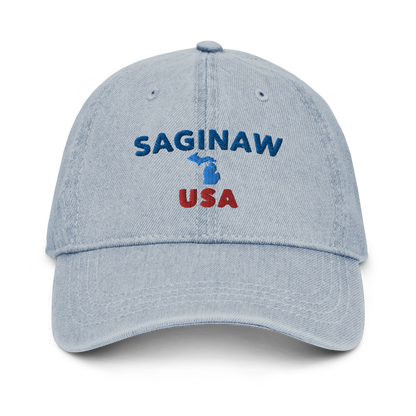 'Saginaw USA' Denim Baseball Cap (w/ Michigan Outline)