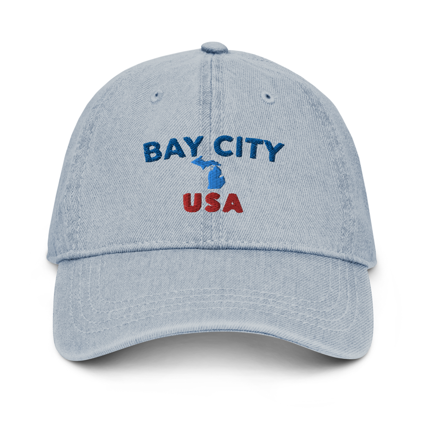 'Bay City USA' Denim Baseball Cap (w/ Michigan Outline)