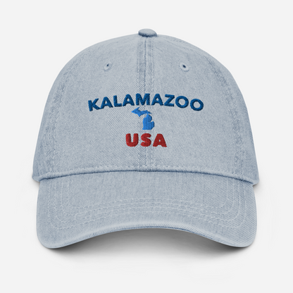 'Kalamazoo USA' Denim Baseball Cap (w/ Michigan Outline)