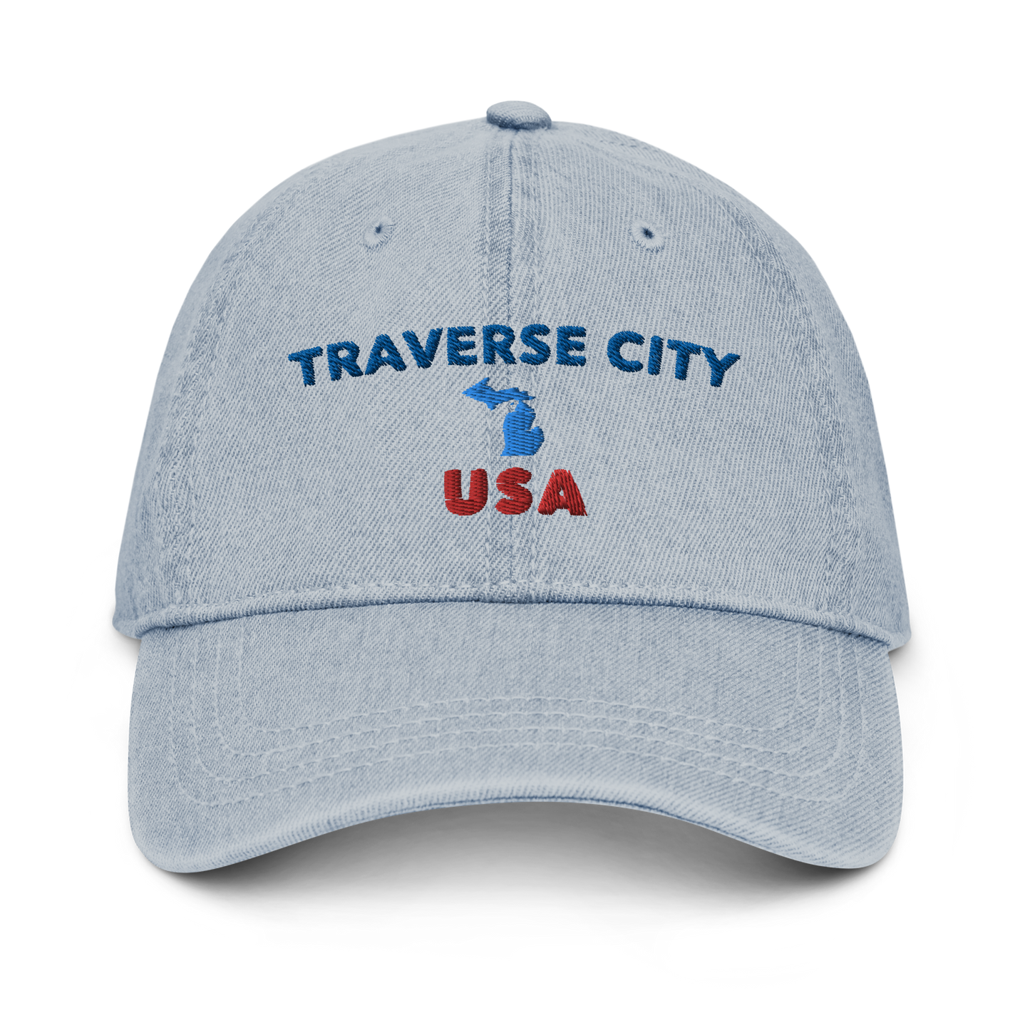 'Traverse City USA' Denim Baseball Cap (w/ Michigan Outline)