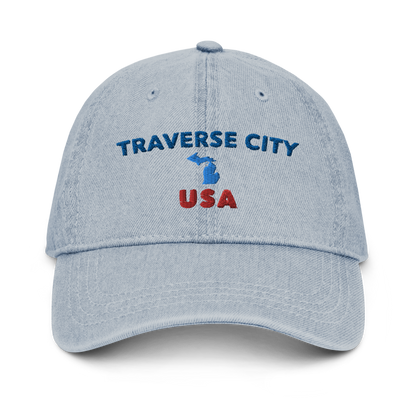 'Traverse City USA' Denim Baseball Cap (w/ Michigan Outline)