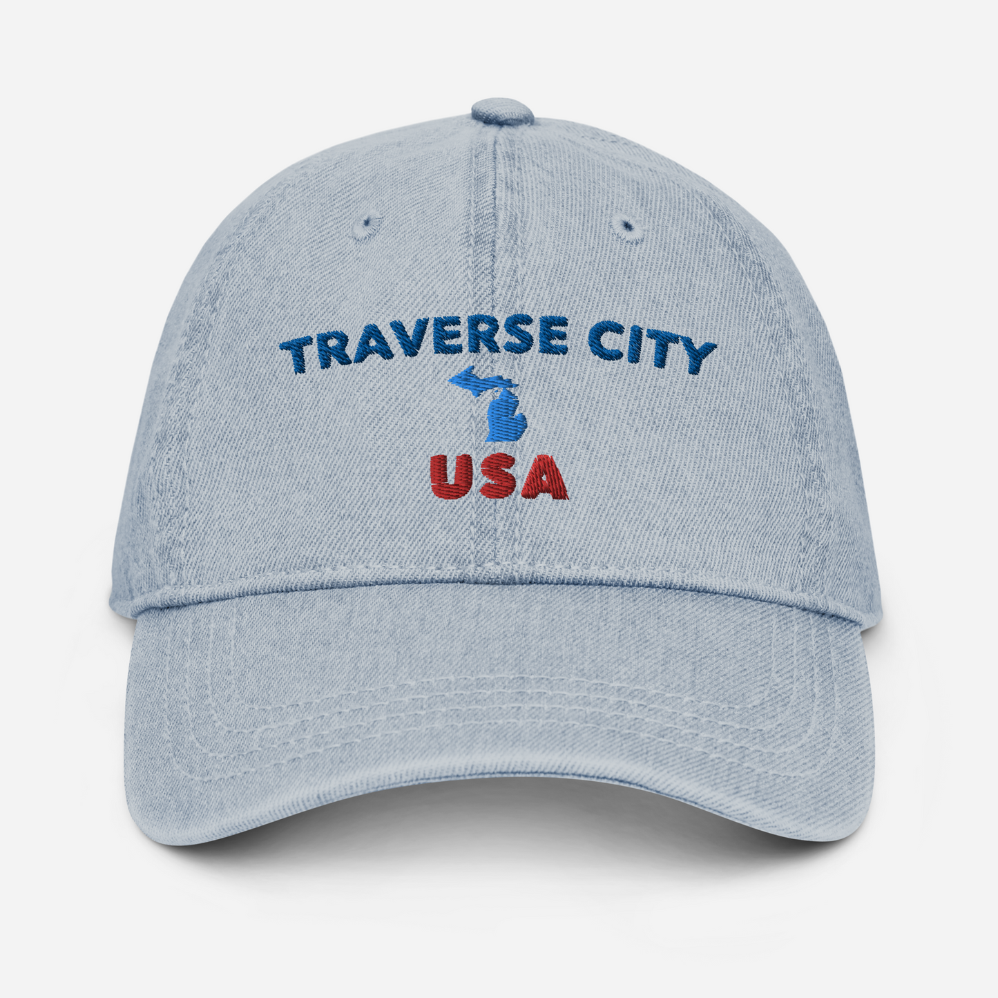 'Traverse City USA' Denim Baseball Cap (w/ Michigan Outline)