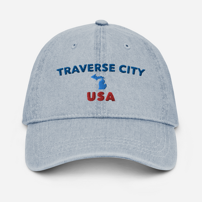 'Traverse City USA' Denim Baseball Cap (w/ Michigan Outline)