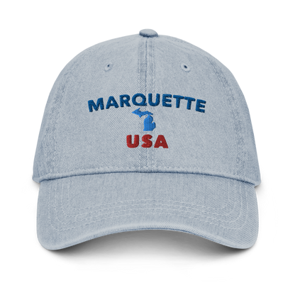 'Marquette USA' Denim Baseball Hat (w/ Michigan Outline)