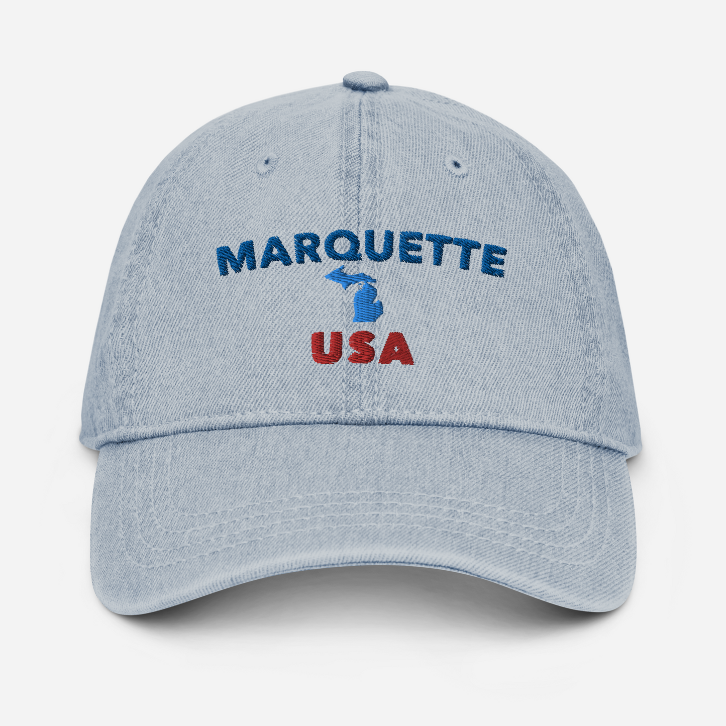 'Marquette USA' Denim Baseball Hat (w/ Michigan Outline)