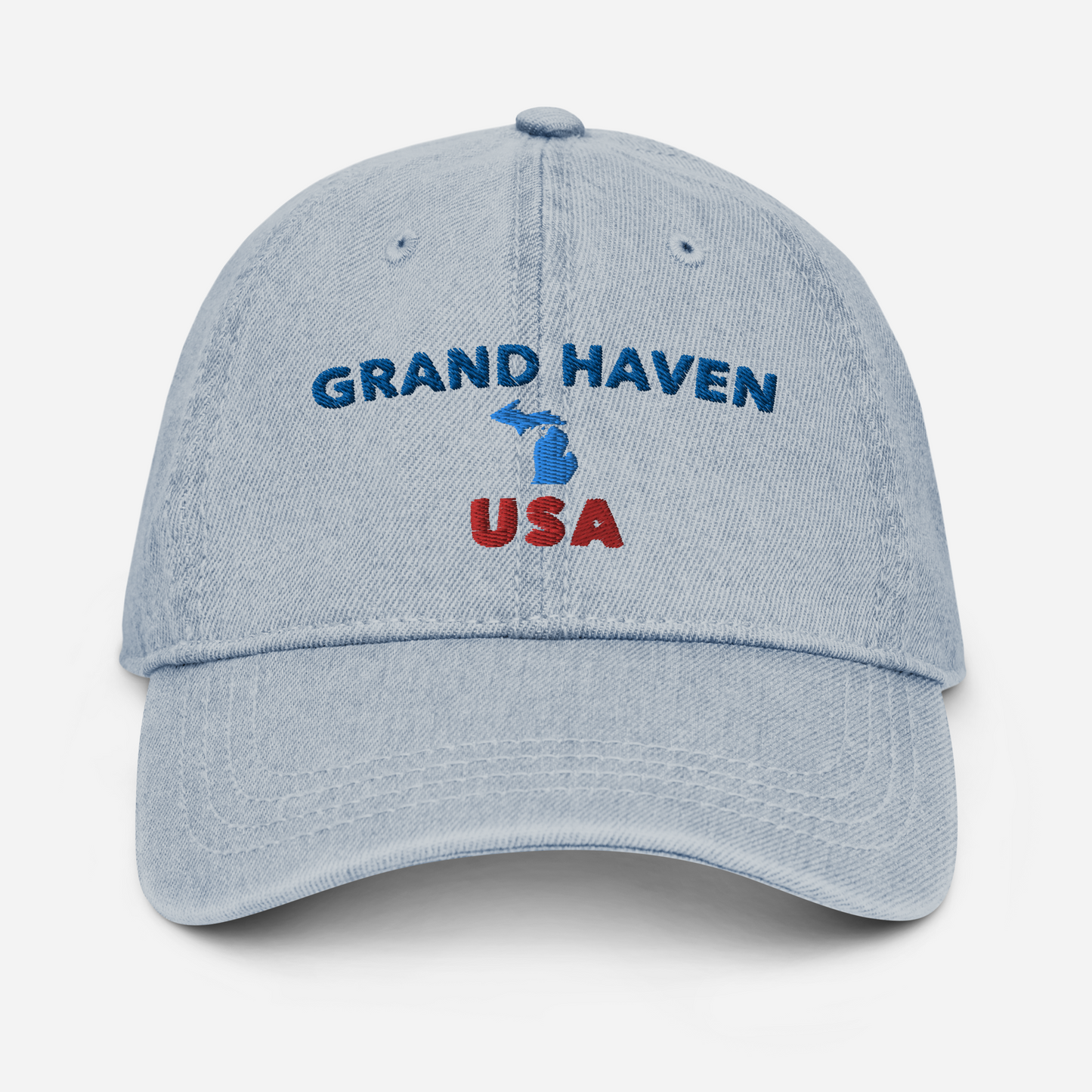 'Grand Haven USA' Denim Baseball Hat (w/ Michigan Outline)