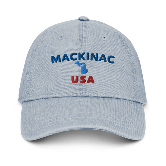 'Mackinac USA' Denim Baseball Cap (w/ Michigan Outline)