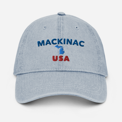 'Mackinac USA' Denim Baseball Cap (w/ Michigan Outline)