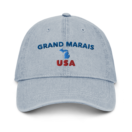 'Grand Marais USA' Denim Baseball Hat (w/ Michigan Outline)