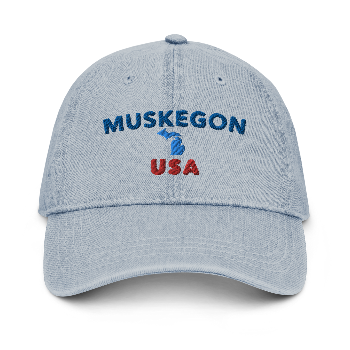 'Muskegon USA' Denim Baseball Hat (w/ Michigan Outline)