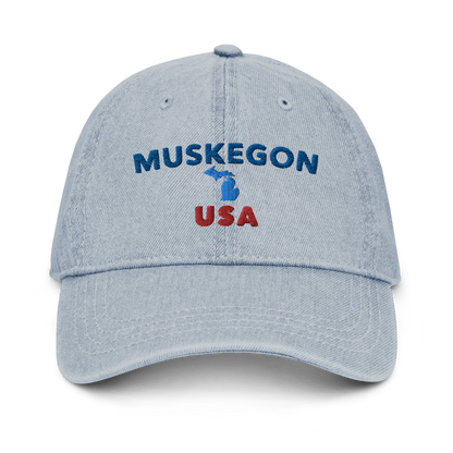 'Muskegon USA' Denim Baseball Hat (w/ Michigan Outline)