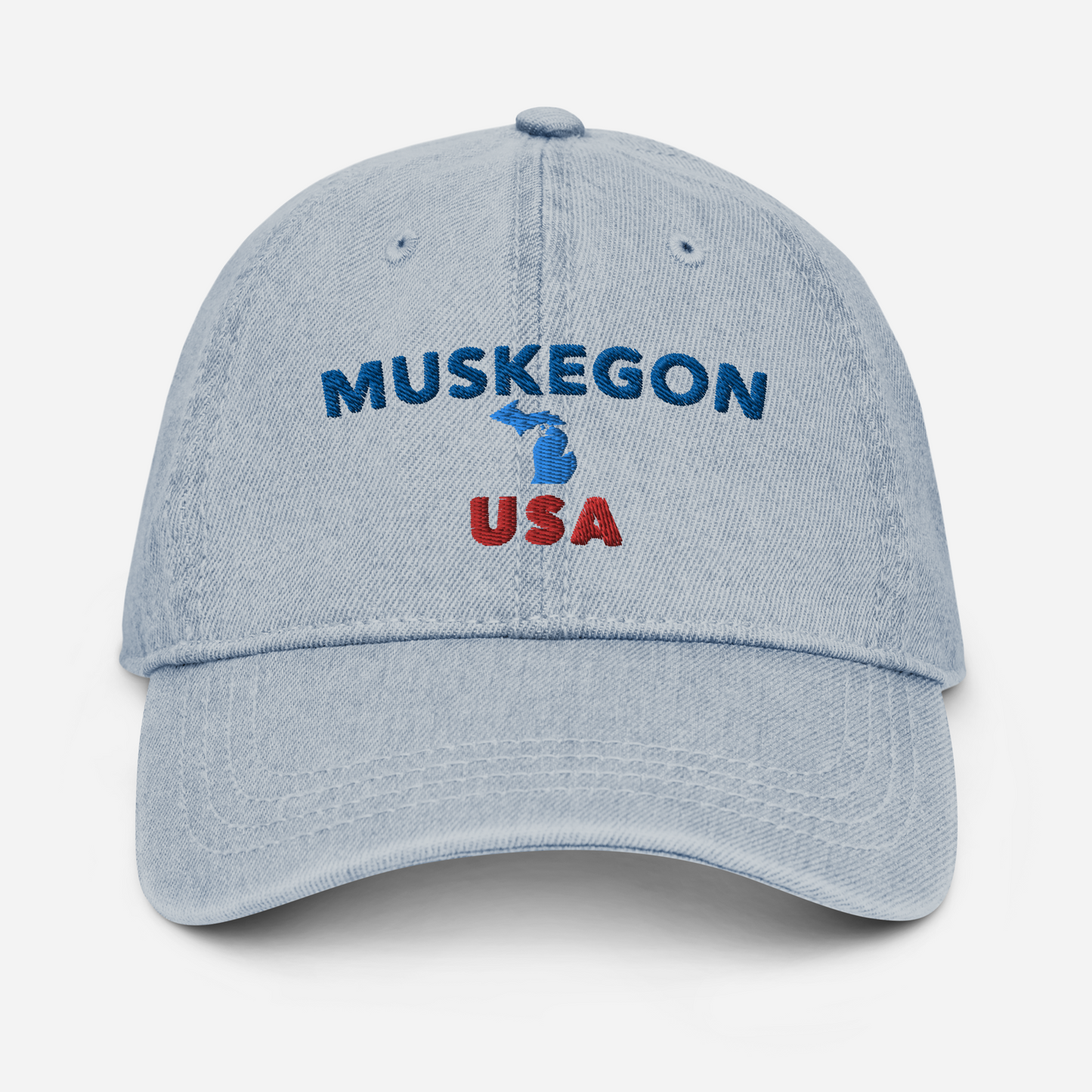 'Muskegon USA' Denim Baseball Hat (w/ Michigan Outline)