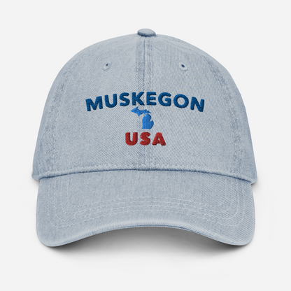 'Muskegon USA' Denim Baseball Hat (w/ Michigan Outline)