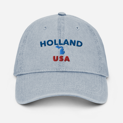 'Holland USA' Denim Baseball Cap (w/ Michigan Outline)