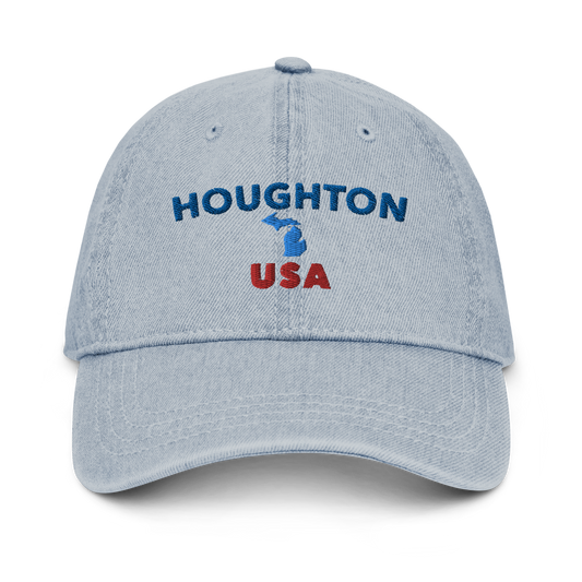 'Houghton USA' Denim Baseball Cap (w/ Michigan Outline)