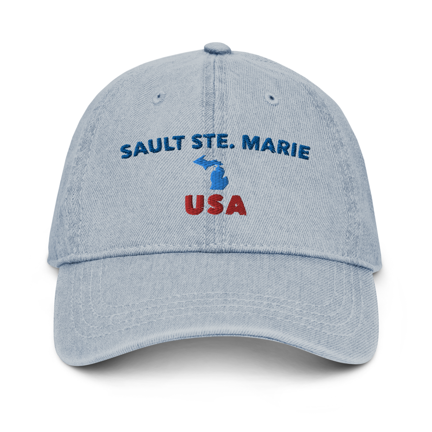 'Sault Ste. Marie USA' Denim Baseball Hat (w/ Michigan Outline)