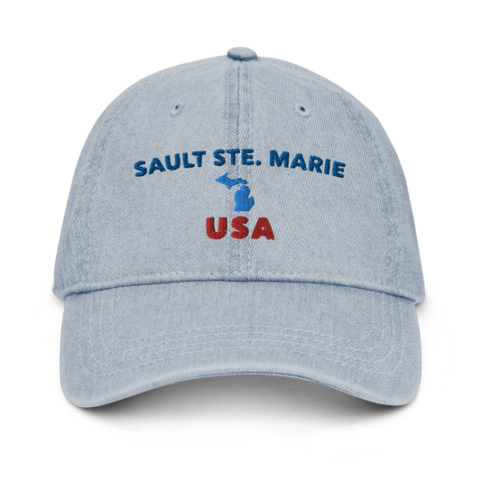 'Sault Ste. Marie USA' Denim Baseball Hat (w/ Michigan Outline)