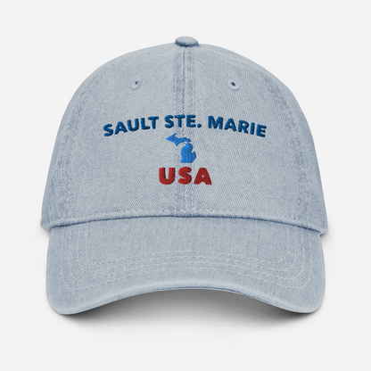 'Sault Ste. Marie USA' Denim Baseball Hat (w/ Michigan Outline)