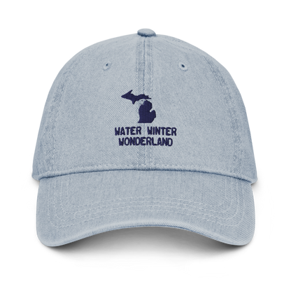 Michigan 'Water Winter Wonderland' Denim Baseball Cap | White/Navy Embroidery