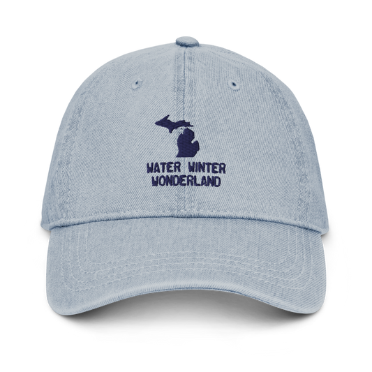 Michigan 'Water Winter Wonderland' Denim Baseball Cap | White/Navy Embroidery