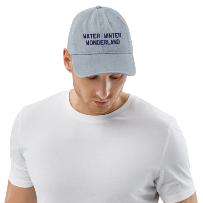 Michigan 'Water Winter Wonderland' Denim Baseball Cap (Licence Plate Font) | White/Navy Embroidery