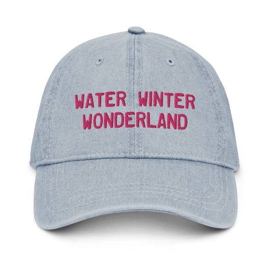 Michigan 'Water Winter Wonderland' Denim Baseball Cap (Licence Plate Font) | Pink Embroidery