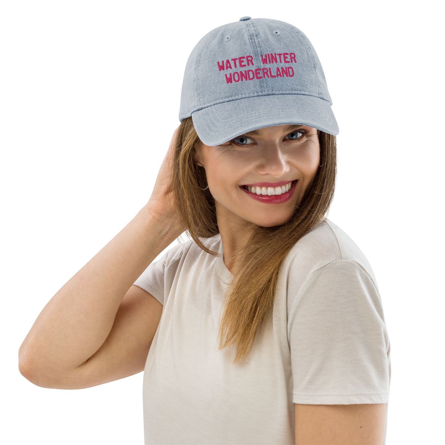 Michigan 'Water Winter Wonderland' Denim Baseball Cap (Licence Plate Font) | Pink Embroidery