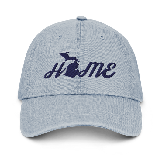 Michigan 'Home' Denim Baseball Cap (Script Font) | White/Navy Embroidery