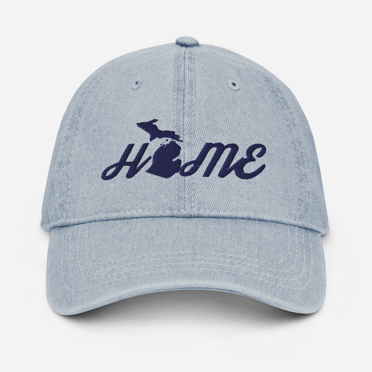 Michigan 'Home' Denim Baseball Cap (Script Font) | White/Navy Embroidery