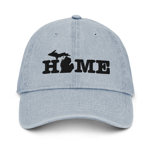 Michigan 'Home' Denim Baseball Cap (Typewriter Font) | White/Black Embroidery