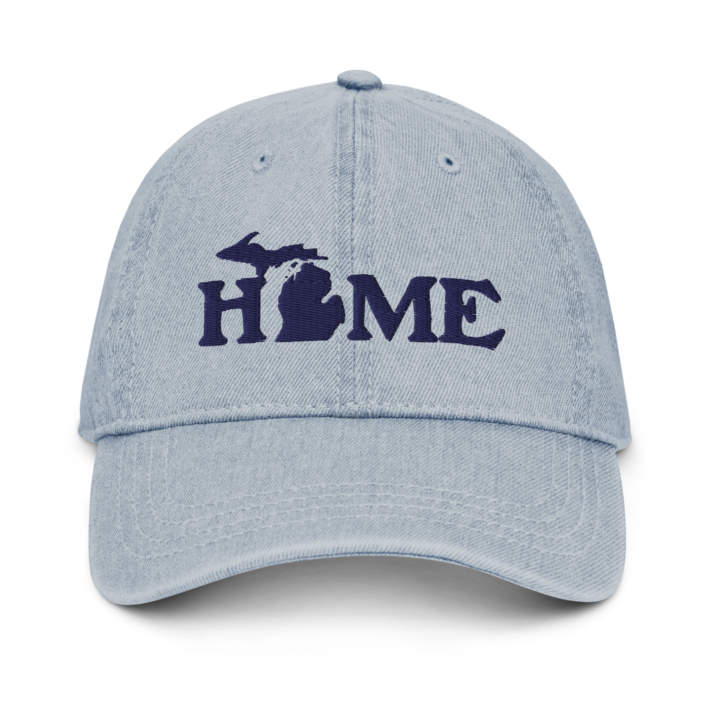 Michigan 'Home' Denim Baseball Cap (Woodcut Font) | White/Navy Embroidery