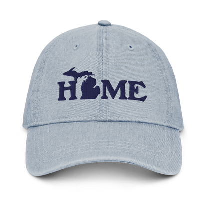 Michigan 'Home' Denim Baseball Cap (Woodcut Font) | White/Navy Embroidery