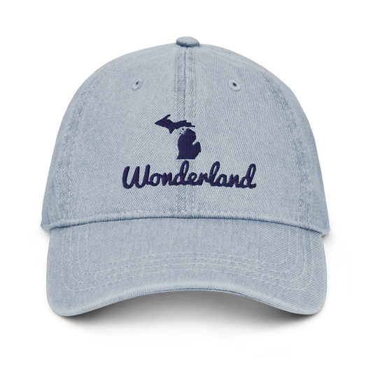 Michigan 'Wonderland' Denim Baseball Cap (Script Font w/ MI Outline) | White/Navy Embroidery