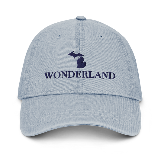 Michigan 'Wonderland' Denim Baseball Cap (Didone Font w/ MI Outline) | White/Navy Embroidery