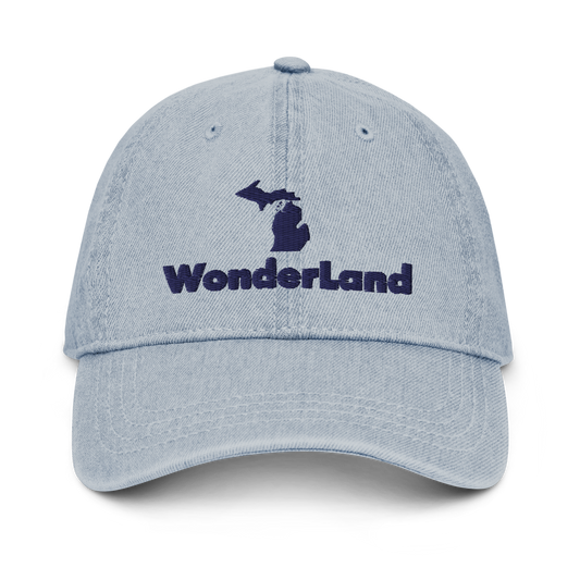 Michigan 'Wonderland' Denim Baseball Cap (Geometric Sans Font w/ MI Outline) | White/Navy Embroidery