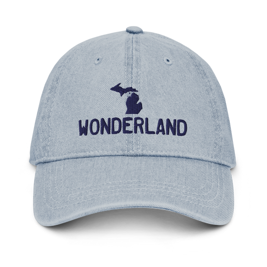 Michigan 'Wonderland' Denim Baseball Cap (Licence Plate Font w/ MI Outline) | White/Navy Embroidery