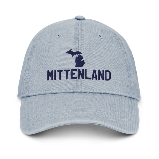 Michigan 'Mittenland' Denim Baseball Cap (Licence Plate Font w/ MI Outline)