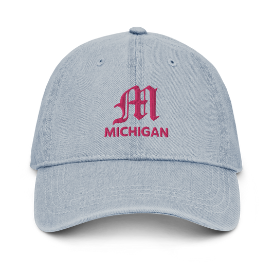 Michigan Old English 'M' Denim Baseball Cap | Pink Embroidery