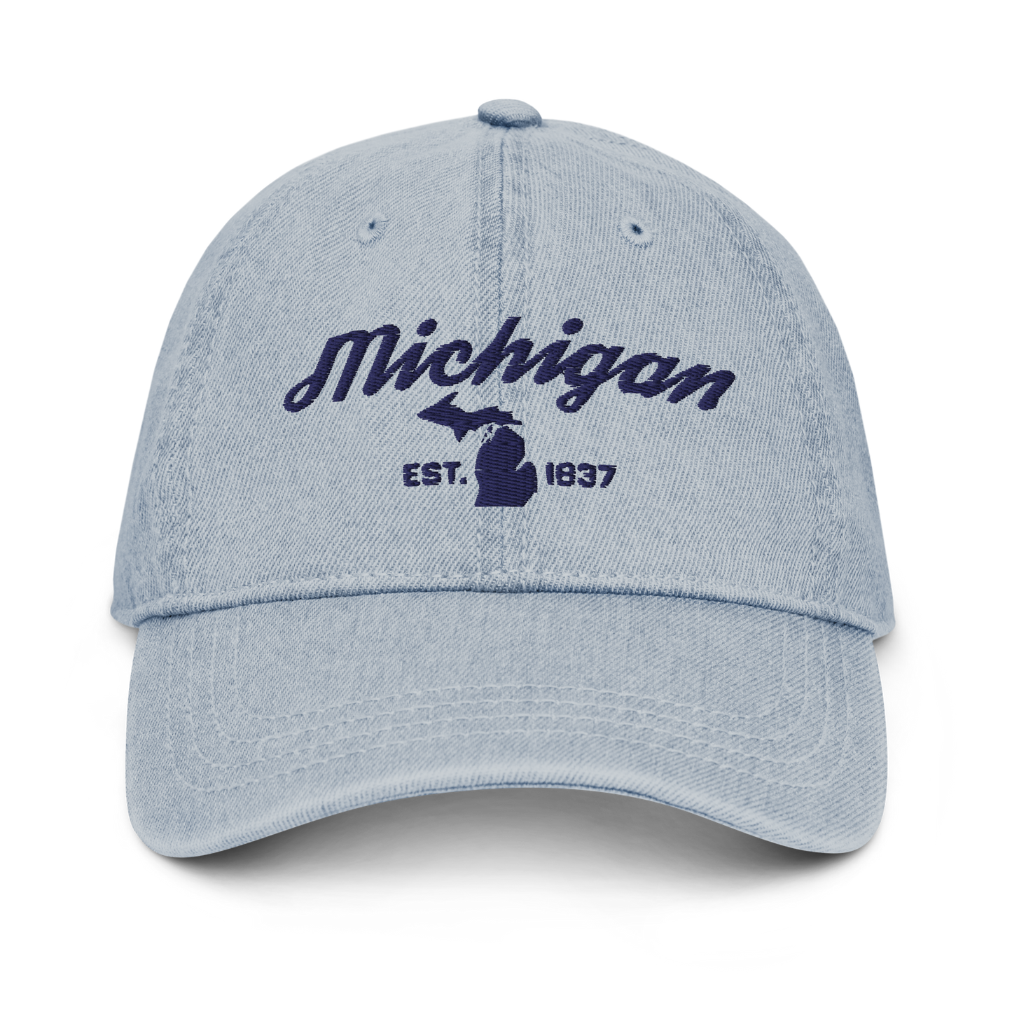 'Michigan EST 1837' Denim Baseball Cap (Script Font) | White/Navy Embroidery