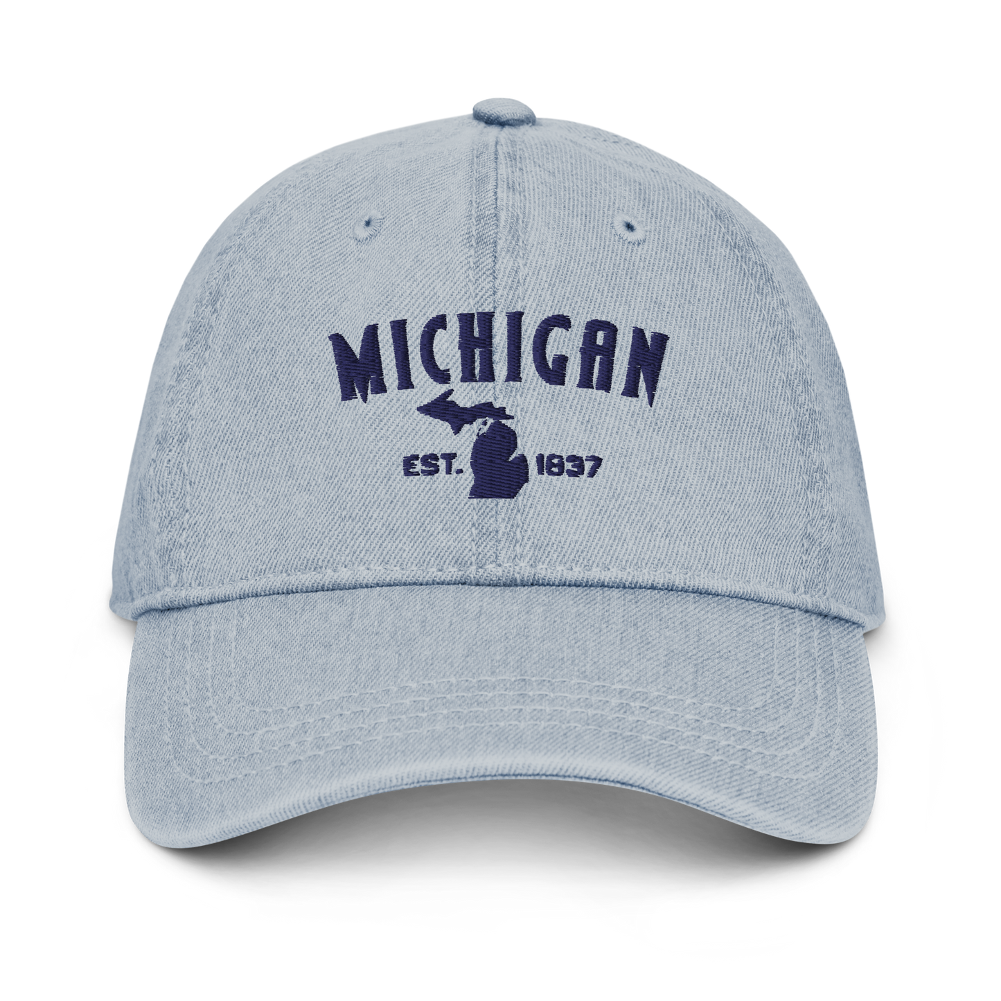 'Michigan EST 1837' Denim Baseball Cap (Vicious Mustelid Font) | White/Navy Embroidery