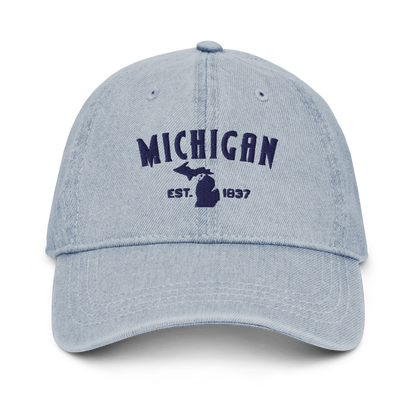 'Michigan EST 1837' Denim Baseball Cap (Vicious Mustelid Font) | White/Navy Embroidery