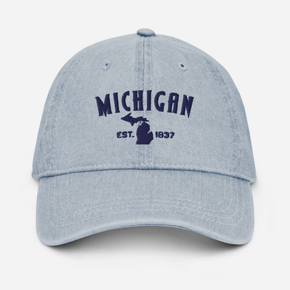 'Michigan EST 1837' Denim Baseball Cap (Vicious Mustelid Font) | White/Navy Embroidery