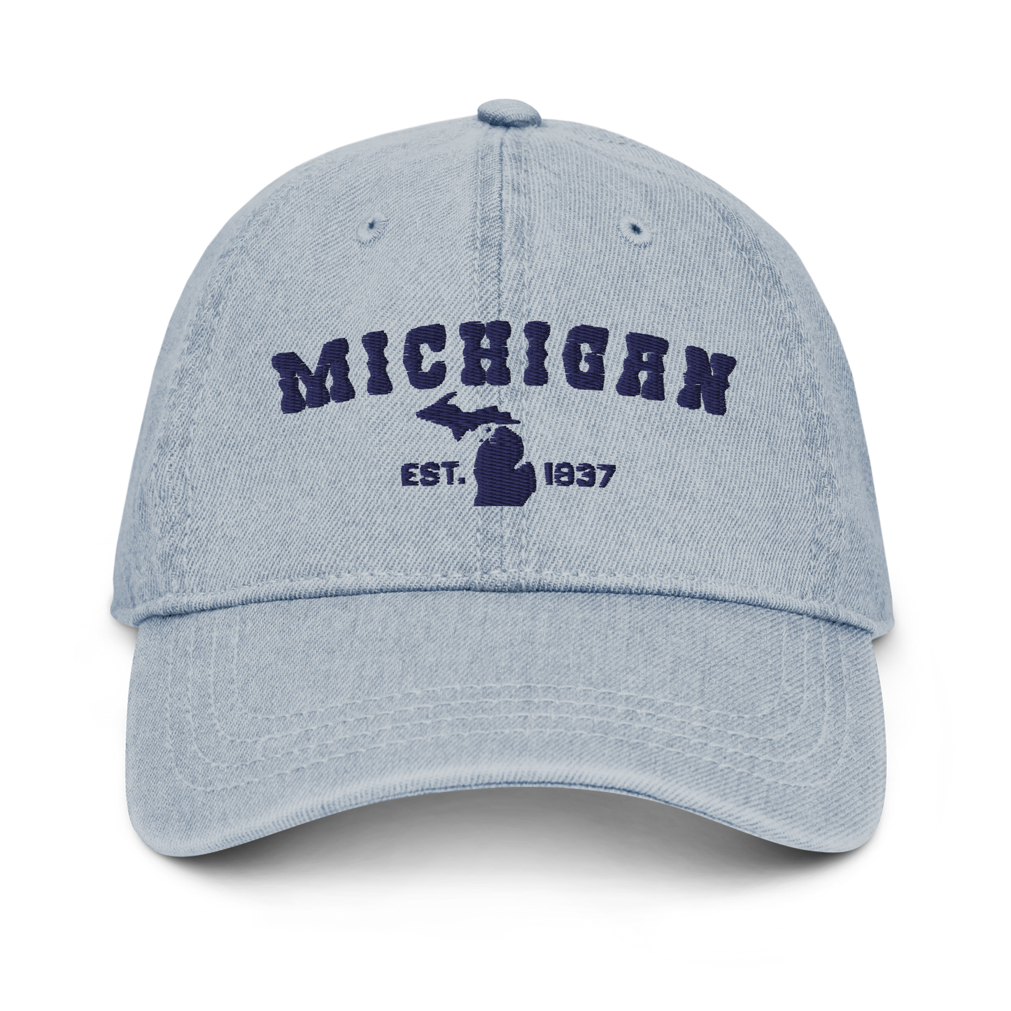 'Michigan EST 1837' Denim Baseball Cap (Western Font) | White/Navy Embroidery