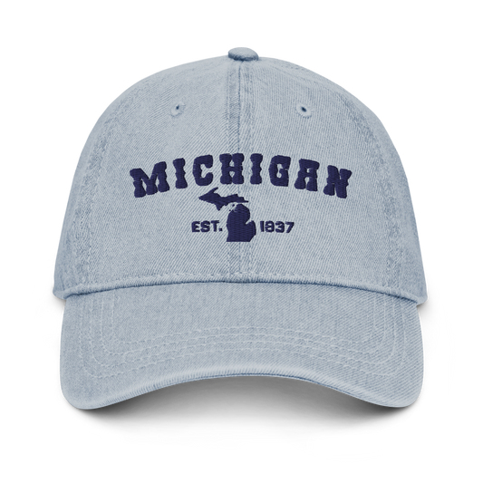 'Michigan EST 1837' Denim Baseball Cap (Western Font) | White/Navy Embroidery