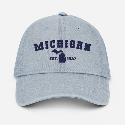 'Michigan EST 1837' Denim Baseball Cap (Western Font) | White/Navy Embroidery