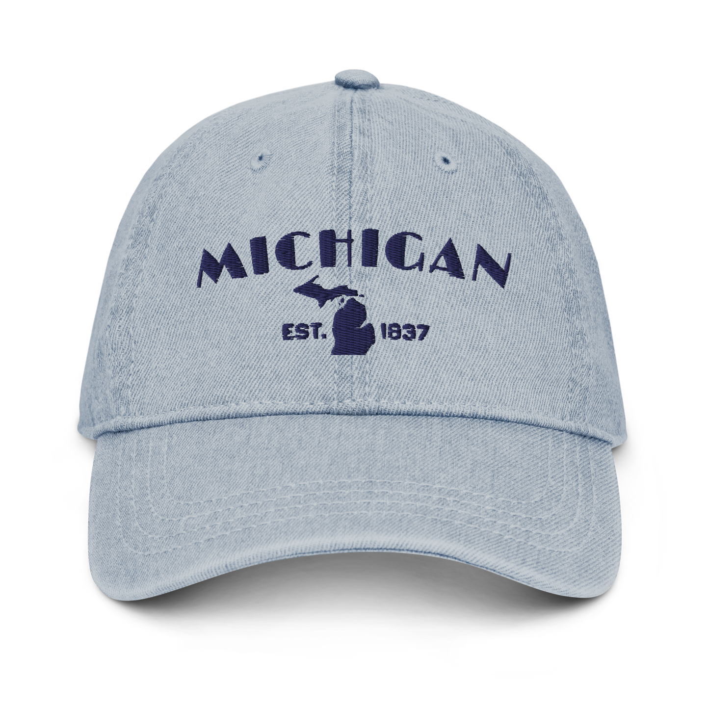 'Michigan EST 1837' Denim Baseball Cap (Theatrical Art Deco Font) | White/Navy Embroidery