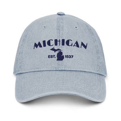 'Michigan EST 1837' Denim Baseball Cap (Theatrical Art Deco Font) | White/Navy Embroidery