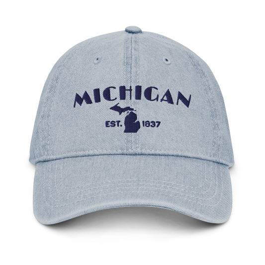 'Michigan EST 1837' Denim Baseball Cap (Theatrical Art Deco Font) | White/Navy Embroidery