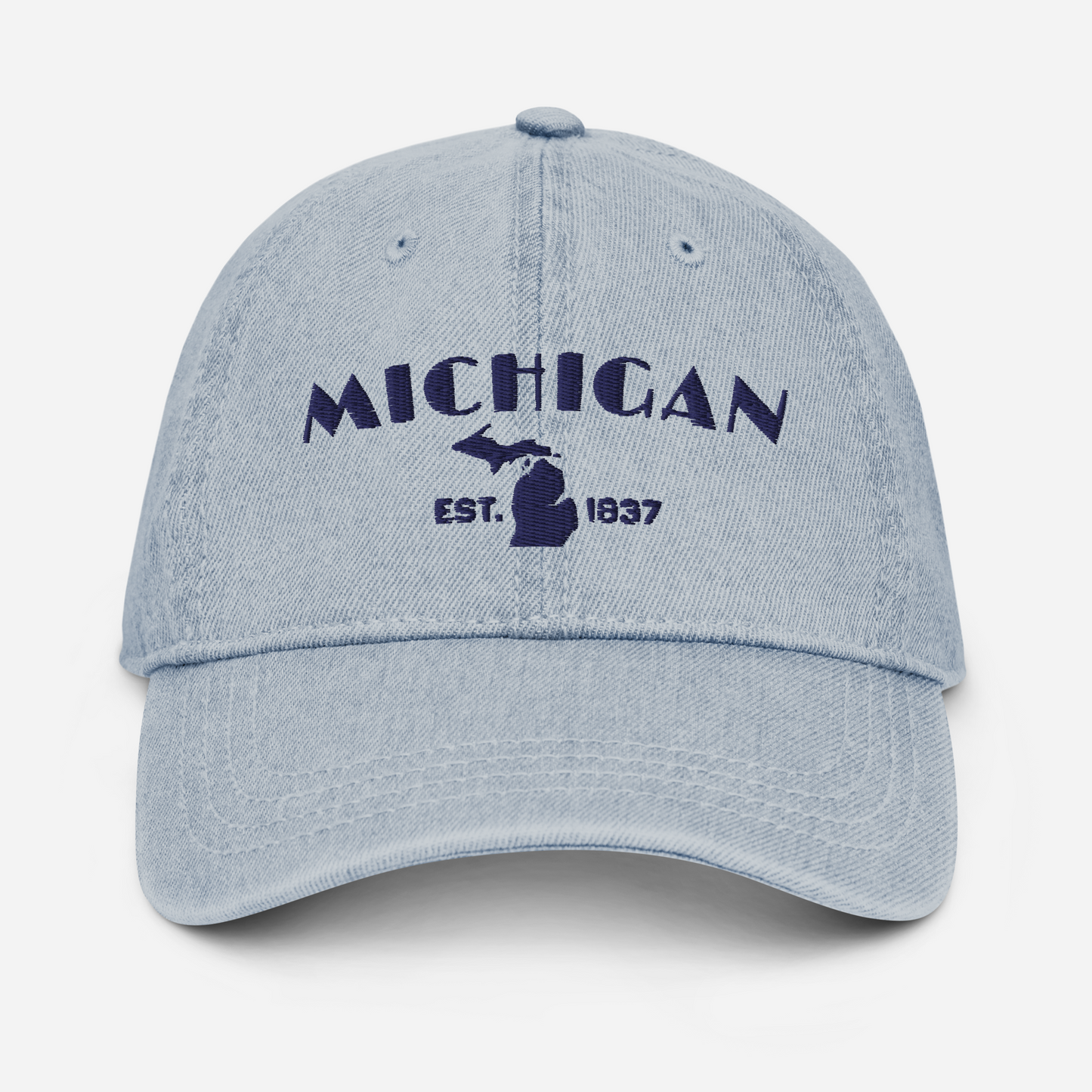 'Michigan EST 1837' Denim Baseball Cap (Theatrical Art Deco Font) | White/Navy Embroidery