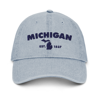 'Michigan EST 1837' Denim Baseball Cap (Geometric Sans Font) | White/Navy Embroidery